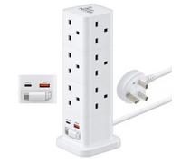 Nergy 65W USB-C Multi-Socket Tower Power Strip, 12 AC Outlets + USB-A & C Ports, Surge & Child Protection, 2m Extension Lead, Space-Saving Tower for Home & Office - UK Plug (3 Tower)