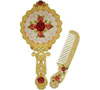 Nerien Vintage Round Rose Metal Mirror Comb Set Antique Hand Held Vanity Mirror Comb Set Gold