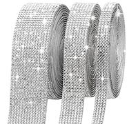 Nerissa 3 Rolls 9 Yards Crystal Rhinestone Ribbon Self Adhesive Diamond Bling Mesh Wrap Roll Craft Sparkling Small Silver Strips DIY Sticker with 2 mm Rhinestones - 1/2/3 cm Width