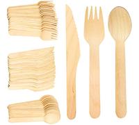 Nerissa 300 Pcs Wooden Cutlery Set Disposable Bamboo Eco Friendly 100 Percent All-Natural Birchwood Biodegradable for Picnic Party Celebrations - Forks, Knives, Spoons