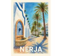 Nerja Spain Mediterranean Watercolour Wall Art Print, Costa Del Sol. Size A4