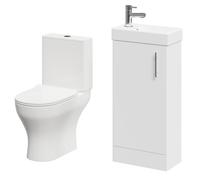 Nero Compact 1 Door Floor Standing Cloakroom Vanity Unit and Toilet Suite including Jubilee Open Back Toilet | Gloss White | MDF | 400mm