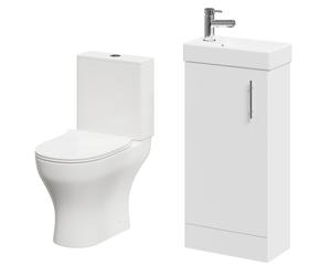 Nero Compact 1 Door Floor Standing Cloakroom Vanity Unit and Toilet Suite including Jubilee Open Back Toilet | Gloss White | MDF | 400mm