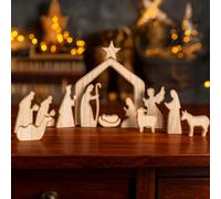 NEROSUN Nativity Scene Set, 13Pcs Wooden Christmas Nativity Scene Miniature Holy Family Figurines, Minimalism Boho Tabletop Christmas Manger Decorations for Indoor Home Mantel Display
