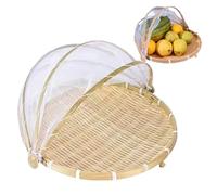 Neroyaner Bamboo Basket, 14.2x9.8 Dustproof Fruit Basket with Cover, Visible Brethable Mesh Food Covers, Portable Round Food Tent for Fruit Cover Against Flies