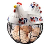 Neroyaner Ceramic Egg Holder, Hollow-Out Wire Chicken Egg Holder with Chicken Shaped Lid, Non Slip Basket Countertop with Handle for Gathering Fresh Eggs