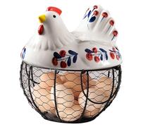 Neroyaner Ceramic Egg Holder, Hollow-Out Wire Chicken Egg Holder with Chicken Shaped Lid, Non Slip Basket Countertop with Handle for Gathering