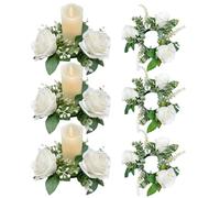 Neroyaner Floral Candle Rings Candle Wreaths Rings 6PCS 7.9 Inch Artificial Rose Floral for Pillars Small Flower Wreath Holder Wedding Centerpieces White