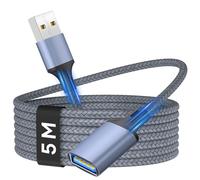 Nersligek USB 2.0 Extension Cable 5M, USB A Male to A Female Extension Cable Sync Extender Lead Nylon Braided Compatible with Keyboards, Camera, Mouse, Flash Drives, Hard Drives, Printers