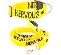 NERVOUS (Give Me Space) Yellow Colour Coded S-M L-XL Dog Collar and 60cm 1.2m 1.8m Luxury Neoprene Padded Handle Lead Sets PREVENTS Accidents By Warning Others Of Your Dog In Advance (L-XL & 1.2m)