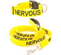 NERVOUS (Give Me Space) Yellow Colour Coded S-M L-XL Dog Collar and 60cm 1.2m 1.8m Luxury Neoprene Padded Handle Lead Sets PREVENTS Accidents By Warning Others Of Your Dog In Advance (S-M & 1.8m)