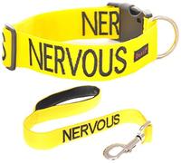 NERVOUS (Give Me Space) Yellow Colour Coded S-M L-XL Dog Collar and 60cm 1.2m 1.8m Luxury Neoprene Padded Handle Lead Sets PREVENTS Accidents By Warning Others Of Your Dog In Advance (L-XL & 60cm)