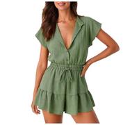 NerYuo Womens Rompers V Neck Short Sleeved ShirtLoose Short Jumpsuit Rompers with Pockets Womens Jumpsuit Floral Dressy Long Sleeve (Green, XL)