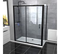 Nes Home 1600mm Matt Black Framed Shower Sliding Door, 900mm Glass Side Panel Screen & Tray