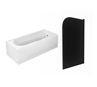Nes Home 1700mm Round Bath & Legs With Curved Black Frame Dark Grey Bath Screen