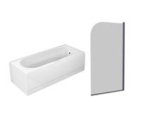 Nes Home 1700mm Round Bath & Legs With Curved Black Frame Light Grey Bath Screen