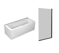 Nes Home 1700mm Square Bath With Square Black Frame Light Grey Bath Screen