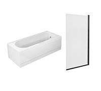 Nes Home 1700mm White Round Bath with Square Black Frame Bath Screen