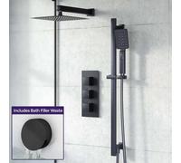 Matte Black 3-Way Thermostatic Mixer valve with 200mm Shower Head, Riser Rail and Handheld & Bath Filler Waste Set Nes Home Black One Size