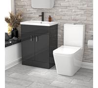 Nes Home 600mm Dark Grey Basin Vanity & Rimless Square Close Coupled Toilet