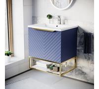 Nes Home 600mm Wall Hung Blue Drawers Basin Vanity Brushed Brass Frame & Handle