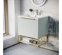 Nes Home 600mm Wall Hung Green Drawers Basin Vanity Brushed Brass Frame & Handle