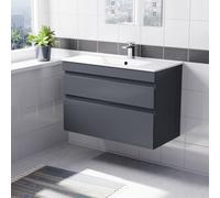 Nes Home 800mm Dark Grey Wall Hung 2 Drawers Handleless Slim Basin Vanity Unit