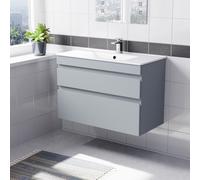 Nes Home 800mm Matte Grey Wall Hung 2 Drawers Handleless Slim Basin Vanity Unit