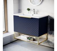 Nes Home 800mm Wall Hung Blue Drawers Basin Vanity Brushed Brass Frame & Handle