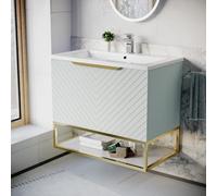 Nes Home 800mm Wall Hung Green Drawers Basin Vanity Brushed Brass Frame & Handle