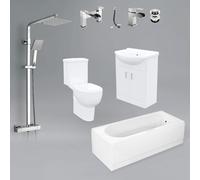 Ambon 1700mm Bath, 550mm Basin Vanity Unit, Close Coupled Toilet, Shower Slider Rail Kit, Bath and Mono Mixer & Wastes White