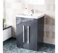 Nes Home Anthracite 600mm Gloss Bathroom Basin Sink Cabinet & Ceramic Basin Flat Pack