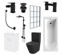 Nes Home Black Toilet Vanity Bathroom Suite with Bath & Black Grid Bath Screen