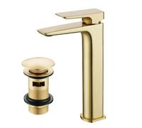 Nes Home Brushed Brass Countertop Tall Square Basin Mono Mixer Tap & Waste in Gold Nes Home Gold