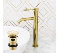 Nes Home Brushed Brass Deck Mounted Tall Basin Mixer Tap with Waste