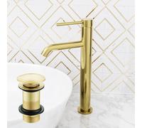 Nes Home Brushed Brass Tall Basin Mixer Tap With Unslotted Waste