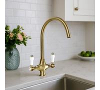 Nes Home Brushed Brass Traditional Twin Lever Kitchen Mixer in Metallic Gold Nes Home Metallic Gold