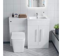 Nes Home | Burford 1100mm White Right Hand Basin Vanity Unit Bathroom Furniture Storage Suite - Senton Back to Wall WC Rimless Toilet & Soft Close Seat