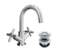 Nes Home Chrome Mixer Basin Mono Cross Head Tap & Waste in Silver Nes Home Silver