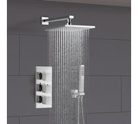 Nes Home Chrome Square 3 Way Triple Thermostatic Valve with Round Shower Head + Handset in Silver Nes Home Silver