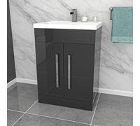 Nes Home Dark Grey 600mm Gloss Bathroom Basin Sink Cabinet & Ceramic Basin