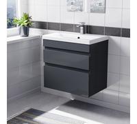 Nes Home Dark Grey 600mm PVC 2 Drawer Wall Hung Vanity Cabinet & Basin Sink Unit