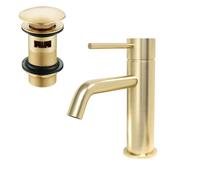 Nes Home Modern Deck Mounted Brushed Brass Round Single Lever Basin Mono Mixer Tap + Waste