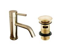 Nes Home Deck Mounted Gloss Round Single Lever Basin Mono Mixer Tap Gold + Slotted Brushed Brass Waste