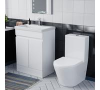 Nes Home Flat Pack 600mm Freestanding Gloss White Basin Vanity & Close Coupled Rimless Toilet