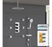 Nes Home Flora 3 Dial 3 Way Concealed Thermostatic Shower Mixer Slim Twin Head Body Jets