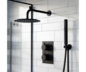 Nes Home Folke 2 Dial 2 Way Round Concealed Thermostatic Shower Mixer Valve, Shower Head, and Handset Black Matte