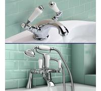 Nes Home Imperior Traditional Bath Shower Mixer & Basin Dual Lever Mixer Tap in Silver Nes Home Silver