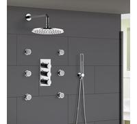 Nes Home Lilly 3 Dial 3 Way Round Concealed Thermostatic Mixer Valve Hand Held Shower Body Jet in Silver Nes Home Silver