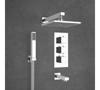 Nes Home Lilly Chrome 3 Dial 3 Way Square Concealed Thermostatic Mixer Valve Square Handset Bath Filler & Square Shower Head in Silver Nes Home Silver